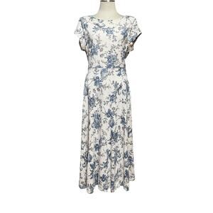Ralph Lauren Chaps Cotton Short Sleeve Floral Print Midi Dress Cream Blue XL